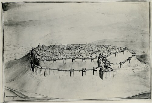 Figure 10. Artistic reconstruction of the Iron Age city of Tel Lachish. The city is presented with two walls encircling it, one at the top of the site and the other (the ‘Revetment’) located further down the slope. The city is shown looking east. Note that the ‘Revetment’ abuts the Iron Age gate. The reconstruction was drawn in the middle of the First Expedition’s first season of fieldwork, when little of the Iron Age city had yet been exposed (Starkey Citation1933, Pl. III, courtesy of the Wellcome Trust archive, London).