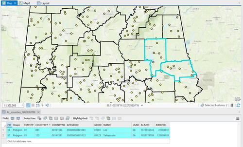 Figure 13. The results of the Select by Attributes query (Figure 12) are shown on the map and in the attribute table of the county boundary layer. The turquoise highlights represent all the selected data which represent Lee and Tallapoosa counties in Alabama.