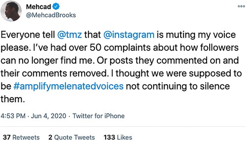 Figure 2. Mehcad Brooks tweets about being shadowbanned on Instagram.