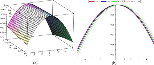 Figure 2. (a) 3D graph and (b) 2D graph for v(x,t) which relies only on x when the time t=1 for the fractional-order α with several values.