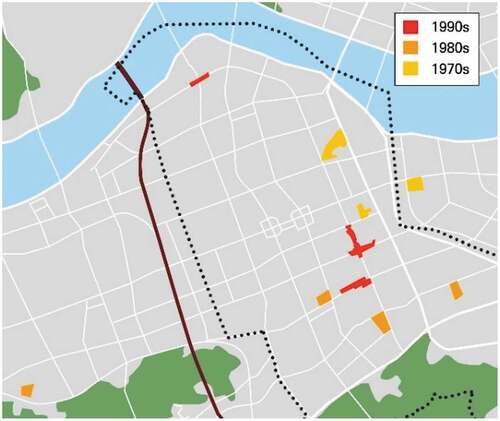 Figure 10. Prestigious schools and private cram schools opening from the 1970s to the 1990s. When the private cram school zones are evaluated in regard to apartment complexes, we can see that these educational zones have formed where prestigious schools and residential areas come into contact.