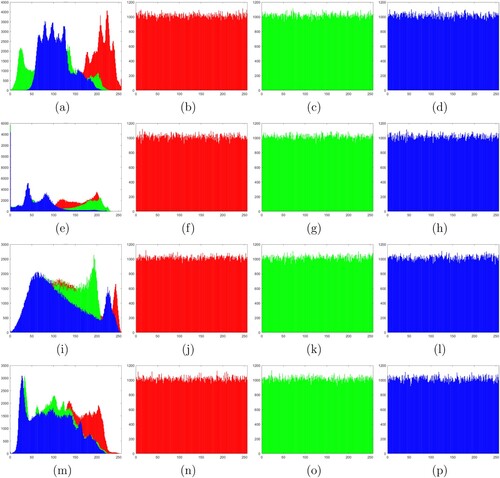 Figure 9. Histogram analysis: (a) histogram of the plaintext Lena in all channels, (b)–(d) histograms of the ciphertext image Lena in channels R, G and B, respectively, (e) histogram of the plaintext Pepper in all channels, (f)–(h) histograms of the ciphertext image Pepper in channels R, G and B, respectively, (i) histogram of the plaintext Baboon in all channels, (j)–(l) histograms of the ciphertext image Baboon in channels R, G and B, respectively, (m) histogram of the plaintext Barbara in all channels, (n)–(p) histograms of the ciphertext image Barbara in channels R, G and B, respectively.