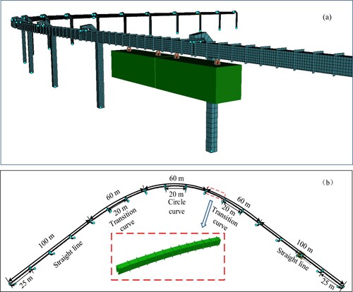 Figure 3. Suspended monorail train-curved bridge interaction model: (a) Train running through curved bridge (b) Sketch of simulation line.
