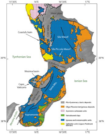 Figure 1. Schematic geological map of Calabria (redrawn from CitationVignaroli, Minelli, Rossetti, Balestrieri, & Faccenna, 2012).