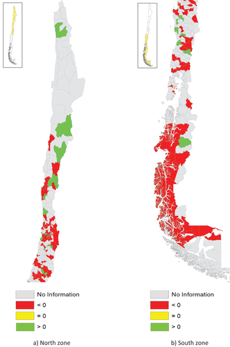 Figure 3. (a and b) Difference between aggregated MECH and MLECH values for 2015/19 years for the Chilean municipalities evaluated.