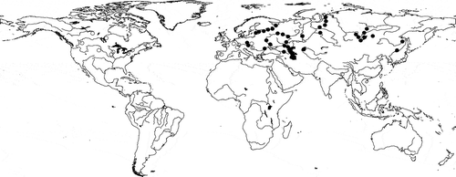 Fig. 39. The worldwide distribution of Stephanodiscus triporus (black circles) and S. vestibulis (hollow circles) based on our study and data from the references and Supplementary references: Sr 1–3, 4, 5.