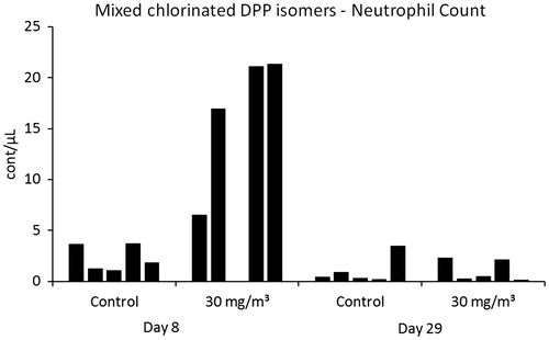 Figure 5. Individual values of polymorphonuclear neutrophils in BALF. Only four animals were evaluated at 30 mg/m³.