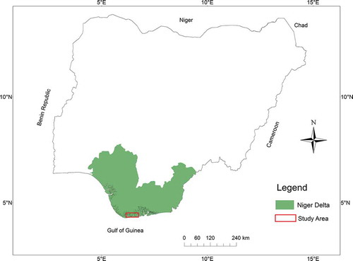 Figure 1. The Niger Delta is shown in green colour within the map of Nigeria.