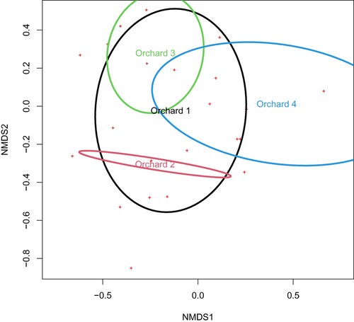 Figure 1. Non-metric multidimensional scaling plot of moth communities at each sample point. Crosshairs represent the community composition at different sites, while the coloured rings are standard error ellipses from the centroid for each site. The axes are arbitrary.