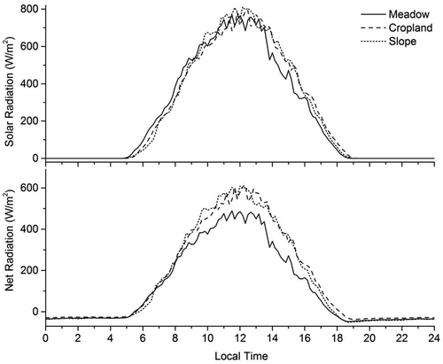 Figure 3. The diurnal variations in solar radiation (top) and net radiation (bottom) fluxes at the three observation sites, averaged from June 9 to July 9, 2013