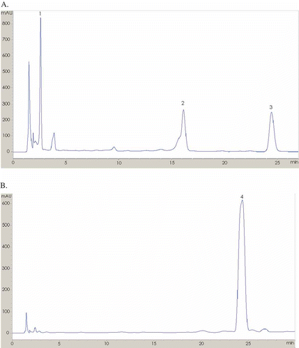 Figure 1  HPLC chromatograph of pineapple peel extracts detected at (A) 280 nm and (B) 320 nm. Peak numbers refer to Table 1.