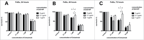 Figure 3. MTT-assay for FaDu cell line. Time points were 24 hours (A), 48 hours (B) and 72 hours (C). At 48 and 72 hours, ZnO-NPs increased tumor cell survival at 1 µM Cetuximab, whereas no significant influence was found at 0.1 µM and 10 µM Cetuximab or after 24 hours of incubation.