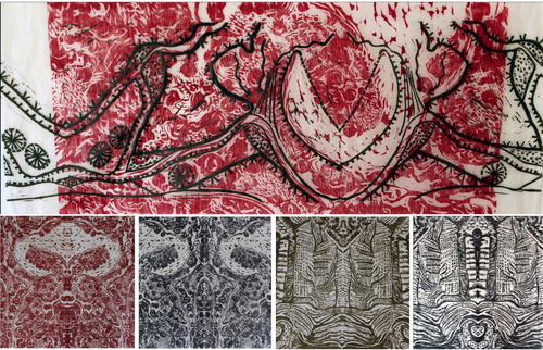 Figure 6. ‘Confluence mirror map’ (wood-cut with chine collé print by Judy Macklin) (top); ‘Spirit of the Ramblas’ in red (bottom far left) and blue (bottom centre left) (wood-cut prints by Judy Macklin); and ‘Body of the land’ (bottom centre right) and ‘Bones of the land’ (bottom far right) (wood-cut prints by Judy Macklin).