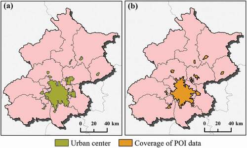 Figure 5. Urban centres of Beijing identified from Luojia-1A NTL data (a) and the coverage of POI data in Beijing (b).