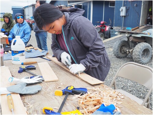 Figure 4. Leah Mark preparing the wood for bending at the bentwood vessel workshop. Picture by Carl Nicholai and Crystal Carter, used with permission.