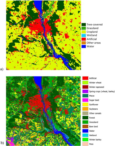 Figure 4. Visual comparison of the (a) 300m landcover ESA CCI-LC and with the (b) 10m crop classification map for Kiev.