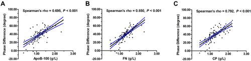 Figure 4 Relations between average phase difference and the serum levels of apoB-100 (A), FN (B), and CP (C).