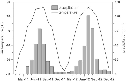 FIGURE 3. Monthly air temperature (°C) and precipitation (mm) values measured at the lower steppe site from January 2011 until December 2012.