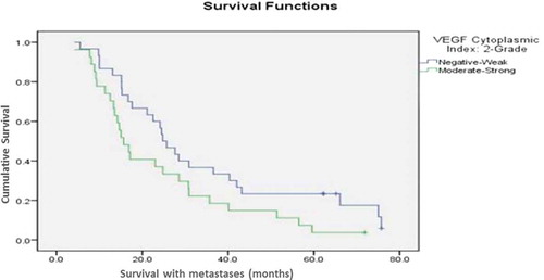 Figure 2. The cumulative survival of patients with combination therapy group compared according to the expression of VEGF. (p-value = 0.04).