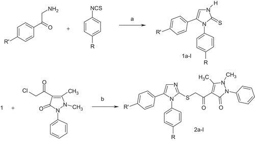 Scheme 1.  Synthesis of compounds 1a–l and 2a–l. Reagents and conditions: (a) pyridine, heating at reflux; (b) K2CO3, acetone.