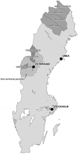 Figure 1. Map of Sweden, including parishes in the study area of Swedish Sápmi 1800–1895. Reproduced with permission from the Swedish National Archives.