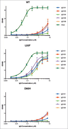 Figure 6. Detection of VLPs by IgGs. ELISAs were performed with serial dilutions of IgG proteins using plates coated with 1 μg/ml of WT VLPs (A), L55F VLPs (B) or D66H VLPs (C). ELISA signals are presented as mean values ± SD from 3 independent measurements.