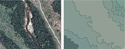 Figure 5. Segmentation comparison on the same subset of image: (a) left: scale parameter 10; (b) right: scale parameter 50.