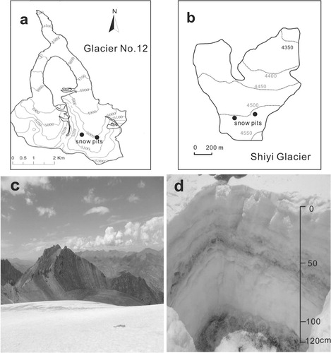 Fig. 2 The contour map and photographs showing (a) the flat location of snowpits on Glacier No. 12, (b) the flat location of snowpits on Shiyi Glacier, (c) Shiyi Glacier and surroundings in YNG Basin and (d) a typical snow pit for sampling on Glacier No. 12 in LHG Basin.