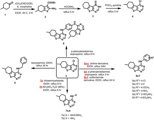 Scheme 1. Synthetic pathway for the preparation of the target compounds 5a–f, 6, 7a,b, and 8.