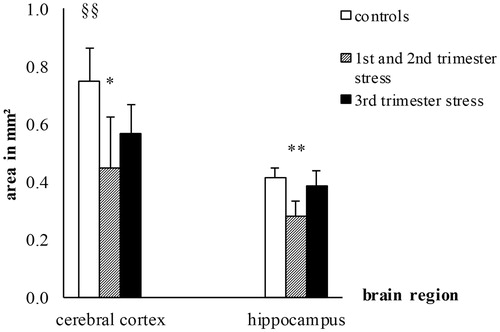 Figure 3. Effects of chronic maternal stress on synaptic density in fetal sheep brain at 0.87 gestation. Anti-synaptophysin-immunohistochemistry in the cerebral cortex and the CA3 region of the hippocampus. *p<.05, **p<.01 compared to controls; §§p<.01 compared to the hippocampus. Controls: n = 8, 1st/2nd trimester stress: n = 10, 3rd trimester stress: n = 10.