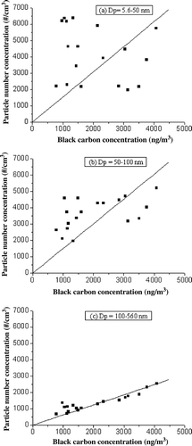 Figure 5. Spearman rank order correlation between black carbon and different size particles in printing center.