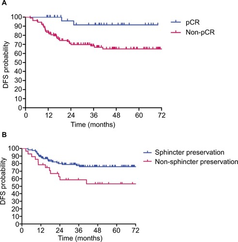 Figure 2 Patients with pCR (A) and sphincter-preservation (B) had longer DFS (P=0.019, P=0.027, respectively).Abbreviations: DFS, disease-free survival; pCR, pathological complete response.