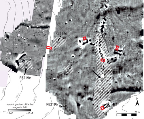 Figure 5. Site RB219 at Portieri: the conjunction of Metal Age surface scatters (labeled) and magnetic gradiometry data. All possible combinations of rectangular anomalies and surface scatters are present. Test pit locations are marked in red.
