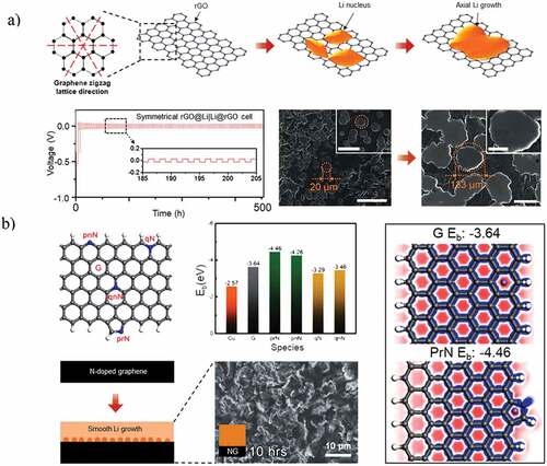 Figure 7. A) Schematic illustration of the axial growth of Li on an rGO substrate. The red dashed lines are the graphene zigzag lattice directions. The electrochemical performance of the rGO demonstrates the stability of the symmetrical cell up to 500 hours SEM images of the rGO show the axial growth of the Li metal. Scale bars in (a) are 100 µm and all scale bars in insets are 50 µm Reproduced with permission from [Citation98], copyright 2020, Wiley. b) Schematic illustration of different doped heteroatoms in the graphene. The middle bar chart illustrates the binding energy calculated between the Li atom and different functional groups. The schematic illustration below and inset SEM image show the smooth Li growth. The right-side schematic shows the total electron density (blue) of isolated atoms on graphene and pyrrolic-N. The red regions indicate less electron density Reproduced with permission from [Citation99], copyright 2020, Wiley.