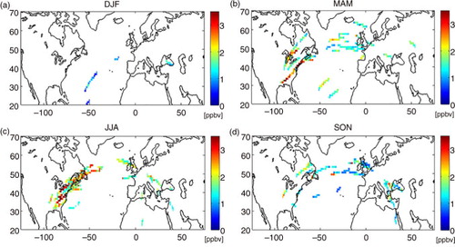 Fig. 8 Seasonally averaged NOy mixing ratios (ppbv) in the LSPs determined as described in Section 3. Values are averaged over 1°latitude×1°longitude and for each season over the North mid-latitudes.