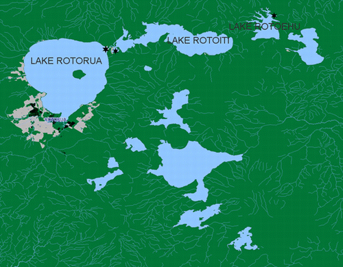 Figure 1  Location of the Rotorua Lakes region (North Island, New Zealand) and the sampling sites (☆).