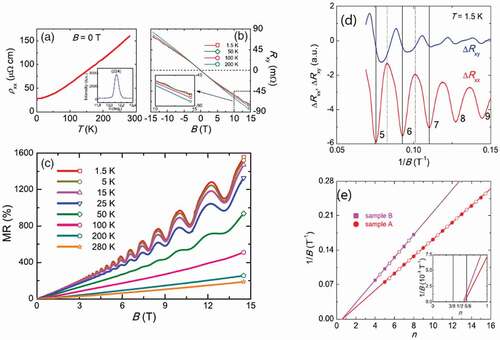 Figure 7. (a) The longitudinal resistivity of a Cd3As2 single crystal in zero magnetic field, with current in the (112) plane. A typical X-ray rocking curve of the (224) Bragg peak is shown in the inset. (b) The Hall resistance Rxy at 200, 100, 50, and 1.5 K. There are clear oscillations of Rxy at 1.5 K, as seen in the inset. (c) The Shubinikov – de Haas oscillations of longitudinal magnetoresistance (MR) at various temperatures, with the field perpendicular to the (112) planes. At 280 K, the MR is roughly linear without saturation, as high as 200% at B = 14.5 T. At 1.5 K, the oscillations appear at a field as low as 2 T, reflecting the high mobility of charge carriers in Cd3As2. (d) The high-field oscillatory components ΔRxx and ΔRxy at 1.5 K. The ΔRxy oscillations are phase shifted by approximately 90° with respect to the ΔRxx oscillations for the low Landau levels. No Landau level splitting is observed in the field range. (e) Landau index n plotted against 1/B. The closed circles denote the integer index (ΔRxx valley), and the open circles indicate the half integer index (ΔRxx peak). The index plot can be linearly fitted, giving an intercept of 0.58. The measurements of another single crystal labeled as sample B give a similar intercept of 0.56. From the inset, both intercepts of ΔRxx lie between 1/2 and 5/8, which is strong evidence for a nontrivial π Berry’s phase of 3D Dirac fermions in Cd3As2 [Citation86].