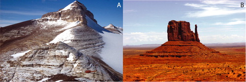 Figure 10. (A) Rectilinear slopes on the flanks of Altar Mountain, Quartermain Mountains, Dry Valleys. The thin regolith that covered slopes of 30°–36° has been removed by overriding ice on the up-ice side to the right. (B) Similar rectilinear slopes in Monument Valley, Arizona, USA.