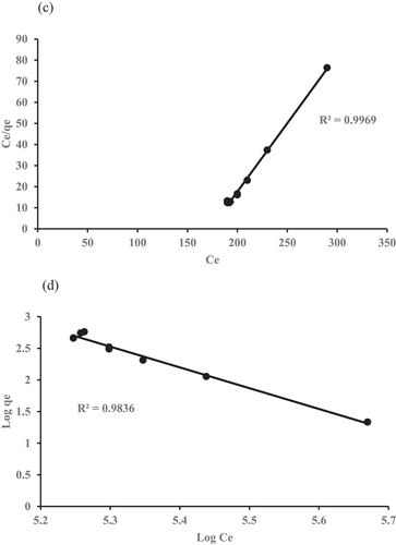 Figure 6. Isotherm models for NH3-N removal: (c) Langmuir and (d) Freundlich