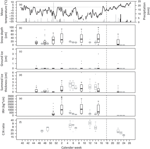 Figure 2. Seasonal changes in environmental conditions in fixed control sites as well as in reindeer feeding craters and in the C:N ratio of reindeer faeces. (a) Daily weather, measured at Svalbard Airport, from October 2012 to June 2013: mean temperature, precipitation as snow (light grey bars) and as rain (dark bars). Data source: Norwegian Meteorological Institute. Dotted horizontal line marks the 1°C threshold for precipitation being classified as rain. (b–e) Changes in snow depth, ground ice, ice thickness (not including ground ice) and IRH at fixed control sites (dark boxplots) and in reindeer feeding craters (light grey boxplots; grouped to weeks). (f) Changes in C:N ratio from fresh faeces sampled around the craters. Dashed vertical lines indicate the beginning of the spring season (here defined as 1 May).