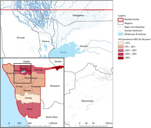 Fig. 1 Map of Cuvelai catchment in the North of Namibia and the HIV prevalence among ANC attendees aged 25–49, median value from 2008.Data source: Directorate of Special Programmes, MoHSS Namibia (Citation4).Map design: Institute for Hygiene and Public Health, Bonn, 2014.