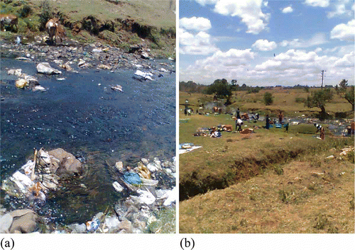 Photo 1. (a) Pollution of river Sosiani through leaching and solid waste from the current disposal site. (b) Evident health risks to inhabitants living close to the current disposal site and using the waters of river Sosiani.