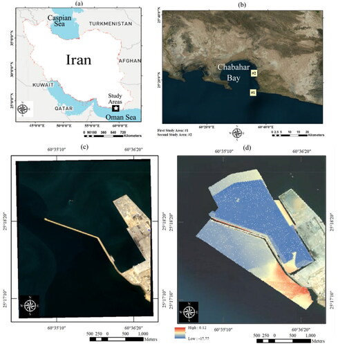 Figure 1. Geographical location and hydrographic data of the study areas; (a) Geographical location of the study areas in Iran, (b) Location of first and second study areas in Chabahar Bay, (c) RGB image of the first study area (Beheshti port) captured by Sentinel-2, (d) Beheshti port, hydrographic data.