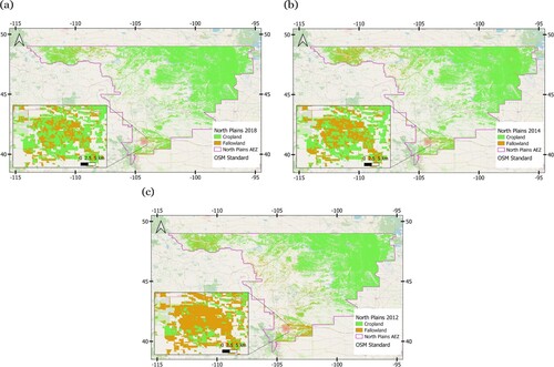 Figure 6. Cropland fallows maps. Cropland fallows mapped using the best decision tree algorithm for the independent (a) wet year 2018, (b) normal year 2014, and (c) dry year 2012 (Oliphant et al. Citation2024).