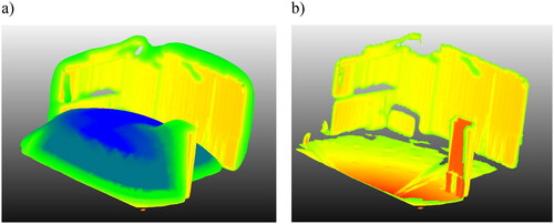 Figure 5. Poisson surface reconstruction: (a) the initial surface reconstruction; (b) cropped surface showing gaps and some artifacts.