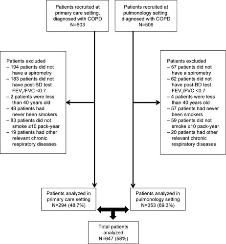 Figure 1 STROBE flow diagram of patient recruitment according to primary care or pulmonology settings.
