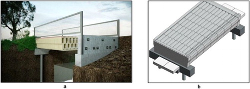 Figure 1. (a, b) 3DCP bicycle bridge conceptual design (illustration by BAM).