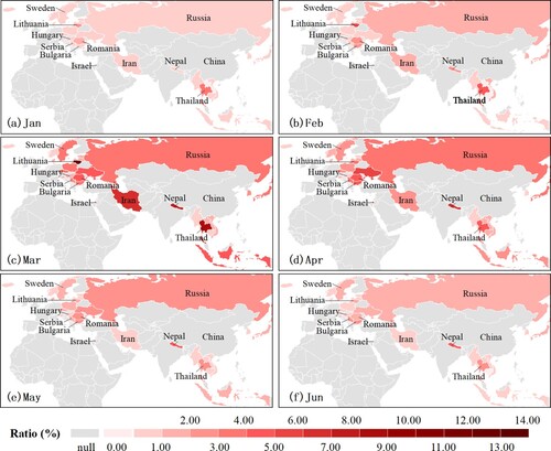 Figure 8. Spatial-temporal patterns of the monthly Ratio index at the country-level.