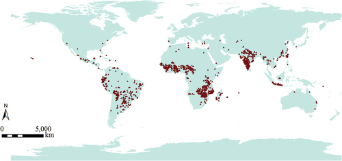 Figure 3. The current data site distribution of peanut crops taken from GBIF (Citation2017) and ALA (Citation2017). Red triangles represent the distribution data.