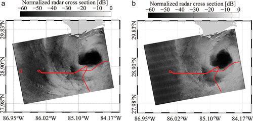 Figure 1. Normalized radar cross-section (NRCS) map of Sentinel-1 (S-1) synthetic aperture radar (SAR) interferometric wide (IW) image over TC Hermine at 23:45 UTC on 1 September 2016: (a) VV-polarized and (b) VH-polarized. The red rectangles represent the stepped-frequency microwave radiometer (SFMR) observations along the tracks of the aircraft.